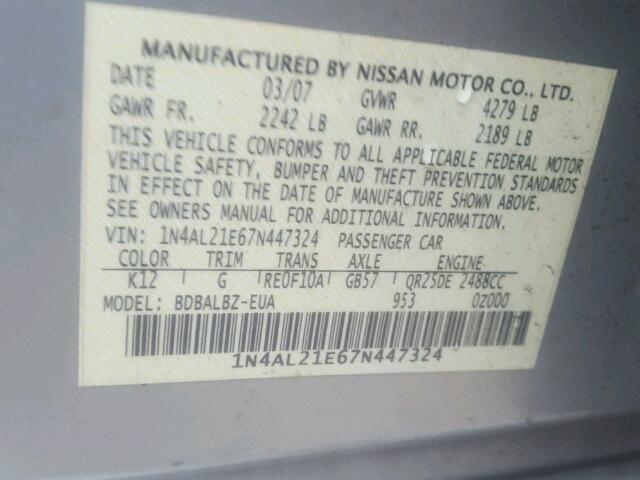 1N4AL21E67N447324 - 2007 NISSAN ALTIMA 2.5 SILVER photo 10