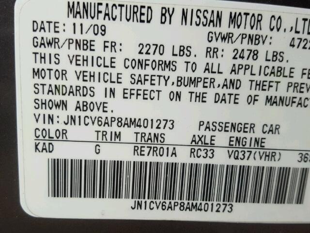 JN1CV6AP8AM401273 - 2010 INFINITI G37 BASE CHARCOAL photo 10