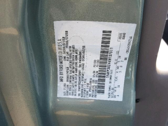 1FAFP38Z44W137011 - 2004 FORD FOCUS ZTS TEAL photo 10