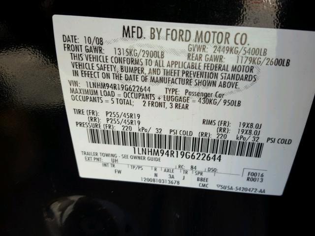 1LNHM94R19G622644 - 2009 LINCOLN MKS BLACK photo 10