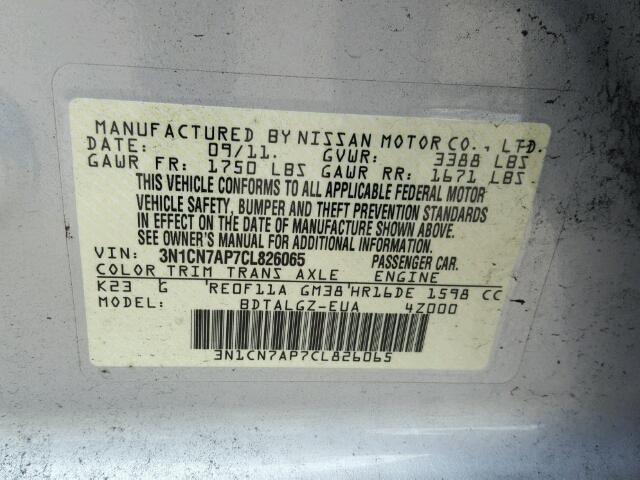 3N1CN7AP7CL826065 - 2012 NISSAN VERSA S SILVER photo 10