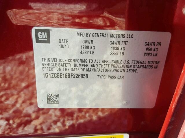 1G1ZC5E16BF226050 - 2011 CHEVROLET MALIBU 1LT ბურგუნდია ფოტო 10