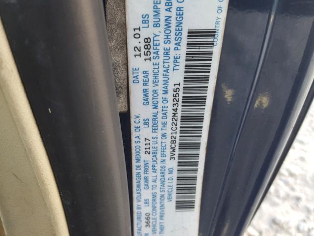 3VWCB21C22M432551 - 2002 VOLKSWAGEN NEW BEETLE 蓝色 照片 10