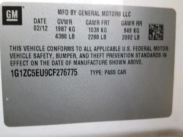 1G1ZC5EU9CF276775 - 2012 CHEVROLET MALIBU 1LT თეთრი ფოტო 10