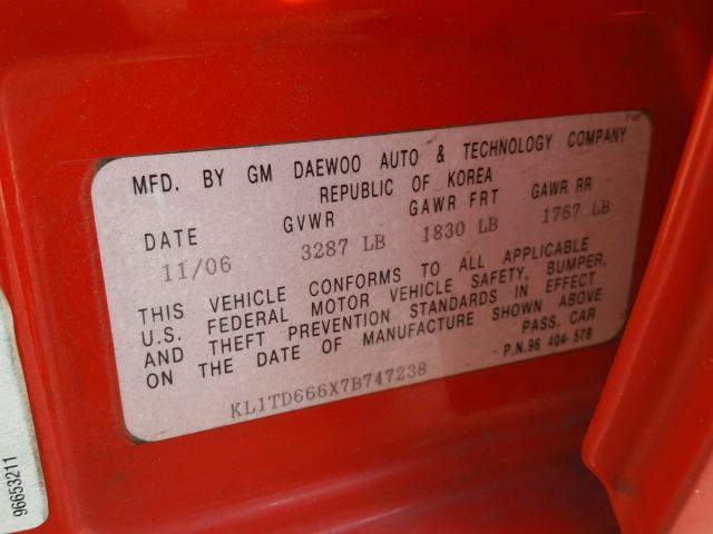 KL1TD666X7B747238 - 2007 CHEVROLET AVEO BASE Czerwony zdjęcie 10