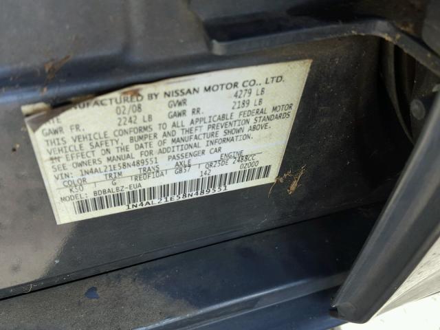 1N4AL21E58N489551 - 2008 NISSAN ALTIMA GRAY photo 10