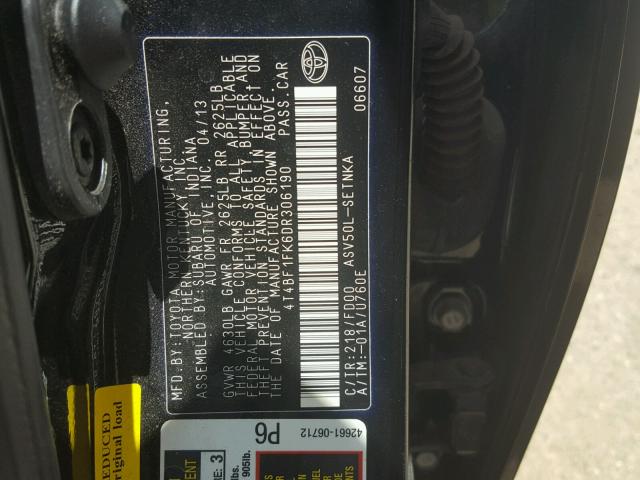 4T4BF1FK6DR306190 - 2013 TOYOTA CAMRY L 黑色 照片 10