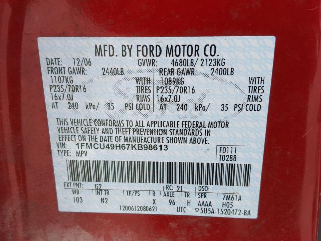 1FMCU49H67KB98613 - 2007 FORD ESCAPE HEV RED photo 10