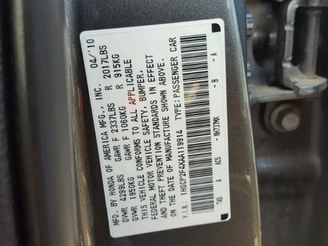 1HGCP2F4XAA119914 - 2010 HONDA ACCORD GRAY photo 10