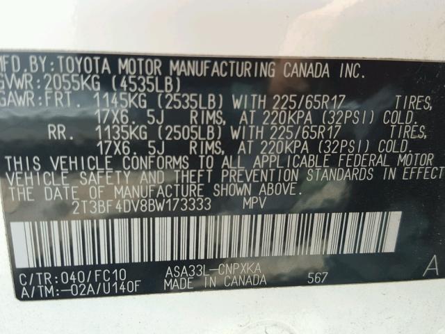 2T3BF4DV8BW173333 - 2011 TOYOTA RAV4 白色 照片 10