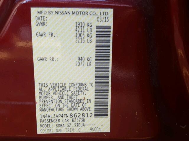 1N4AL3AP4FN862812 - 2015 NISSAN ALTIMA 2.5 RED photo 10