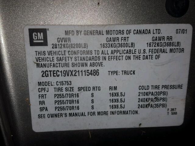 2GTEC19VX21115486 - 2002 GMC NEW SIERRA BEIGE photo 10