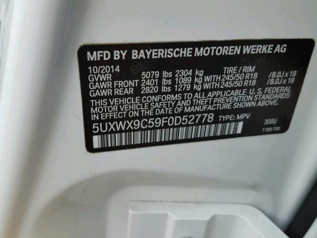 5UXWX9C59F0D52778 - 2015 BMW X3 WHITE photo 10