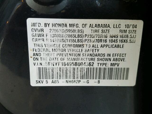 5FNYF18495B004362 - 2005 HONDA PILOT EX GRAY photo 10