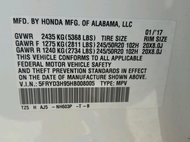 5FRYD3H95HB008005 - 2017 ACURA MDX ADVANC WHITE photo 10