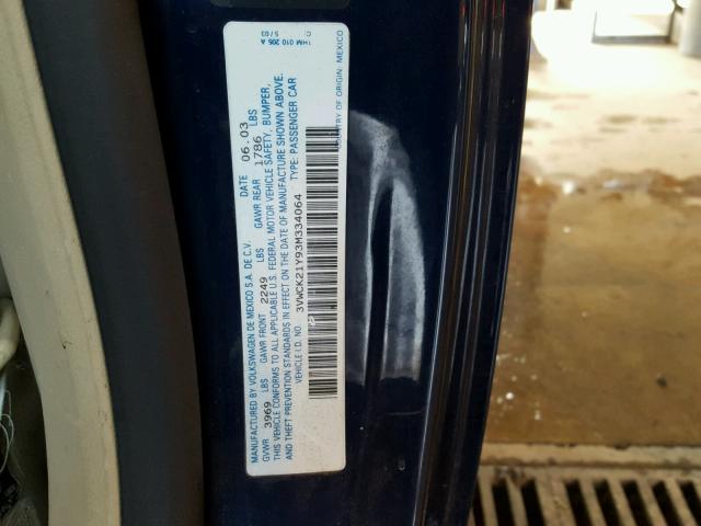 3VWCK21Y93M334064 - 2003 VOLKSWAGEN NEW BEETLE ლურჯი ფოტო 10