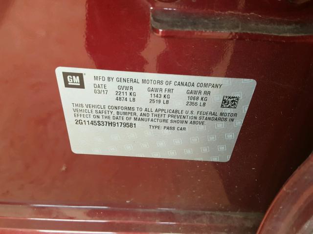 2G1145S37H9179581 - 2017 CHEVROLET IMPALA PRE ბურგუნდია ფოტო 10