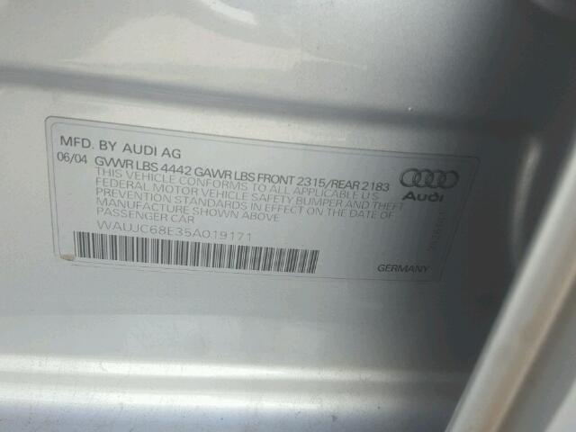 WAUJC68E35A019171 - 2005 AUDI A4 1.8T SILVER photo 10