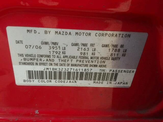 JM1BK323271611857 - 2007 MAZDA 3 S RED photo 10