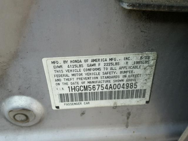 1HGCM56754A004985 - 2004 HONDA ACCORD SILVER photo 10