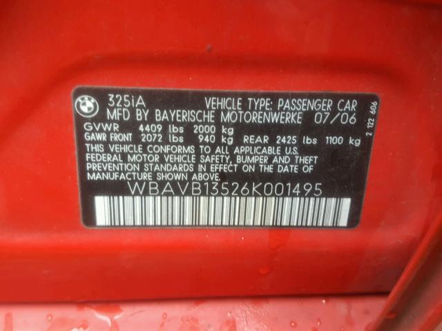 WBAVB13526K001495 - 2006 BMW 325 RED photo 10