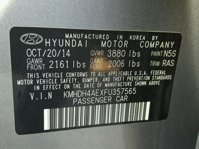 KMHDH4AEXFU357565 - 2015 HYUNDAI ELANTRA GRAY photo 10