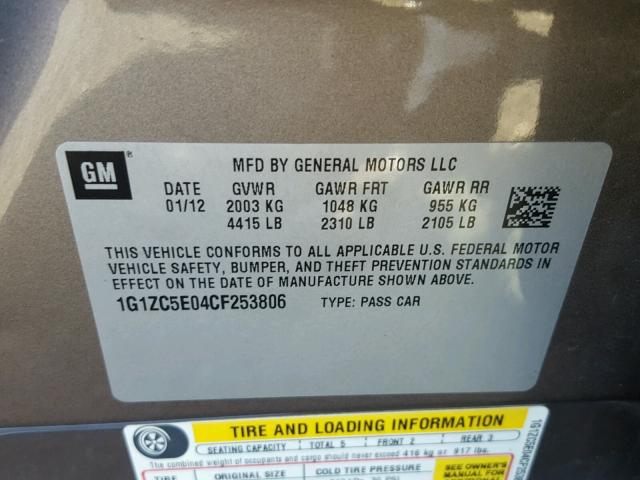 1G1ZC5E04CF253806 - 2012 CHEVROLET MALIBU 1LT 灰色 照片 10