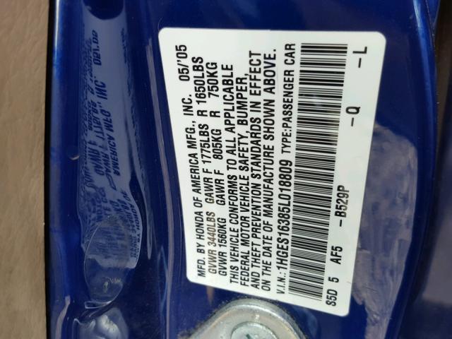 1HGES16385L018809 - 2005 HONDA CIVIC BLUE photo 10