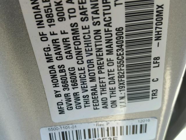 19XFB2F55CE340906 - 2012 HONDA CIVIC LX SILVER photo 10