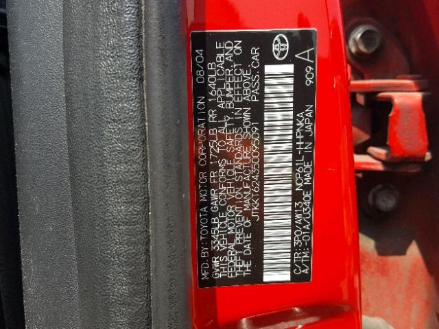 JTKKT624350095091 - 2005 TOYOTA SCION XA RED photo 10
