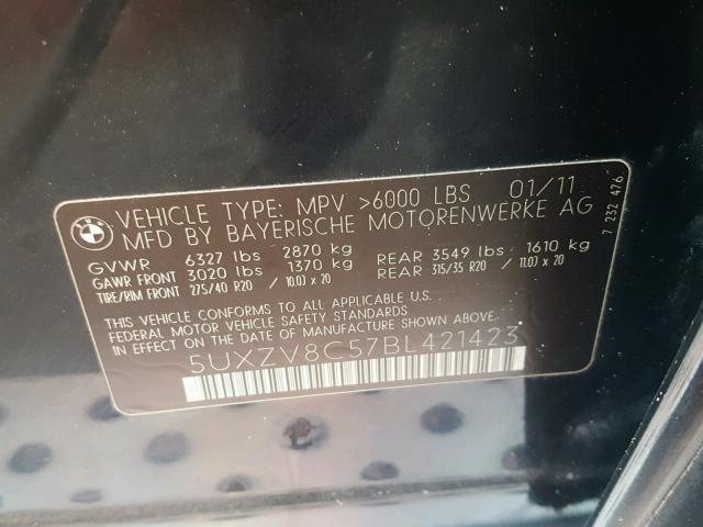 5UXZV8C57BL421423 - 2011 BMW X5 XDRIVE5 BLACK photo 10