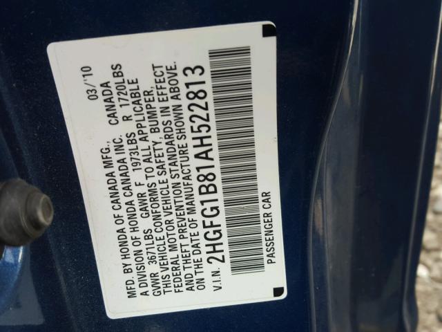 2HGFG1B81AH522813 - 2010 HONDA CIVIC EX 蓝色 照片 10