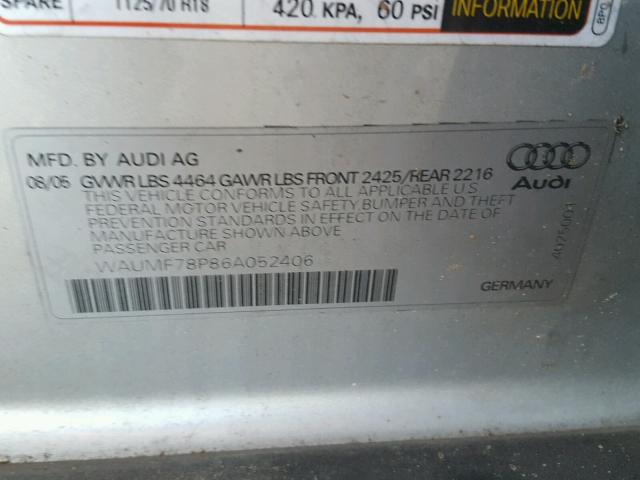 WAUMF78P86A052406 - 2006 AUDI A3 2.0 SPO SILVER photo 10