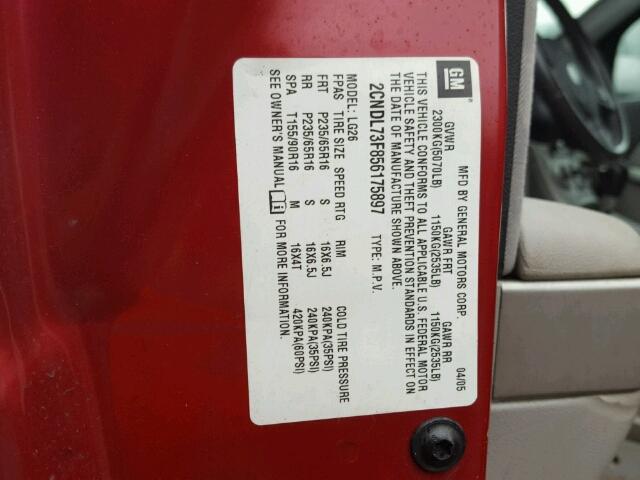 2CNDL73F856175897 - 2005 CHEVROLET EQUINOX LT RED photo 10