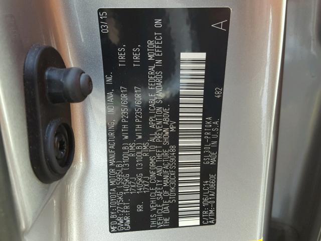 5TDYK3DCXFS590488 - 2015 TOYOTA SIENNA XLE SILVER photo 10