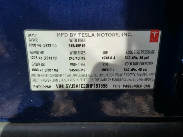 5YJSA1E29HF191596 - 2017 TESLA MODEL S Կապույտ լուսանկար 10