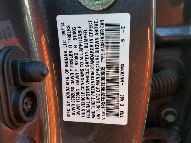 19XFB2F99EE080905 - 2014 HONDA CIVIC EXL CHARCOAL photo 10