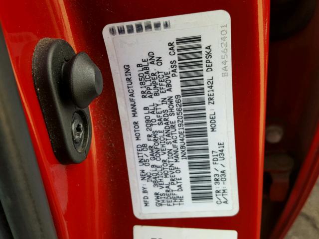 1NXBU40E19Z056269 - 2009 TOYOTA COROLLA RED photo 10