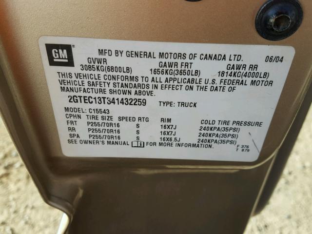 2GTEC13T341432259 - 2004 GMC NEW SIERRA GOLD photo 10