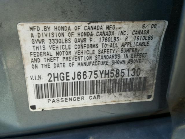 2HGEJ6675YH585130 - 2000 HONDA CIVIC BLUE photo 10