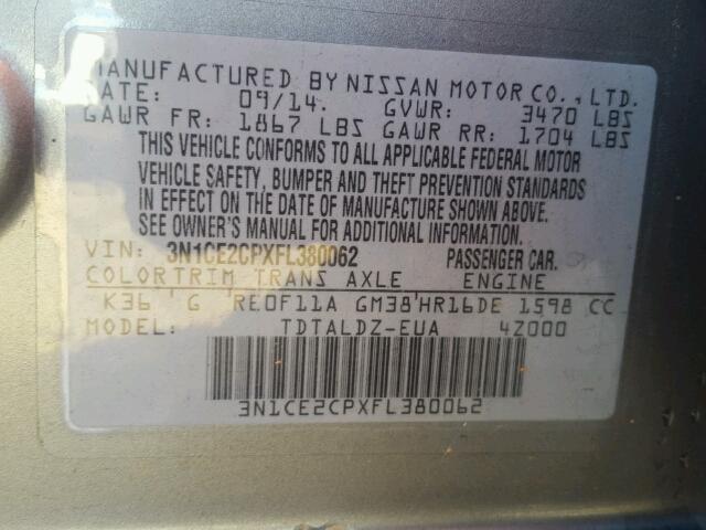 3N1CE2CPXFL380062 - 2015 NISSAN VERSA NOTE GRAY photo 10