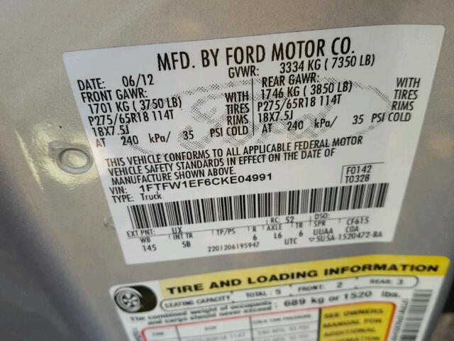 1FTFW1EF6CKE04991 - 2012 FORD F150 SUPER SILVER photo 10