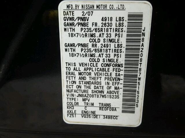 JN8AZ08T87W515235 - 2007 NISSAN MURANO SL BLACK photo 10