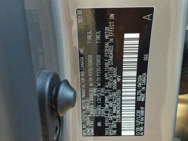 2T2BZMCA2HC063155 - 2017 LEXUS RX 350 SILVER photo 10