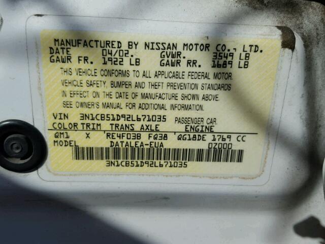 3N1CB51D92L671035 - 2002 NISSAN SENTRA XE WHITE photo 10