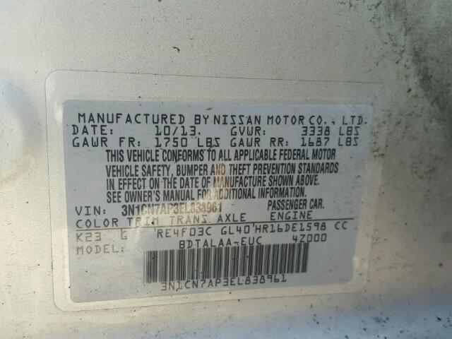 3N1CN7AP3EL838961 - 2014 NISSAN VERSA SILVER photo 10