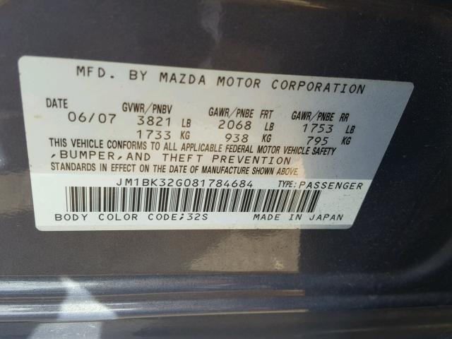 JM1BK32G081784684 - 2008 MAZDA 3 GRAY photo 10