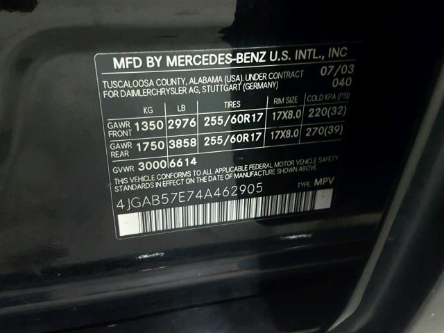 4JGAB57E74A462905 - 2004 MERCEDES-BENZ ML 350 BLACK photo 10