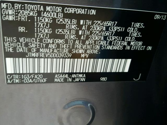 JTMRFREV5DD039339 - 2013 TOYOTA RAV4 GRAY photo 10