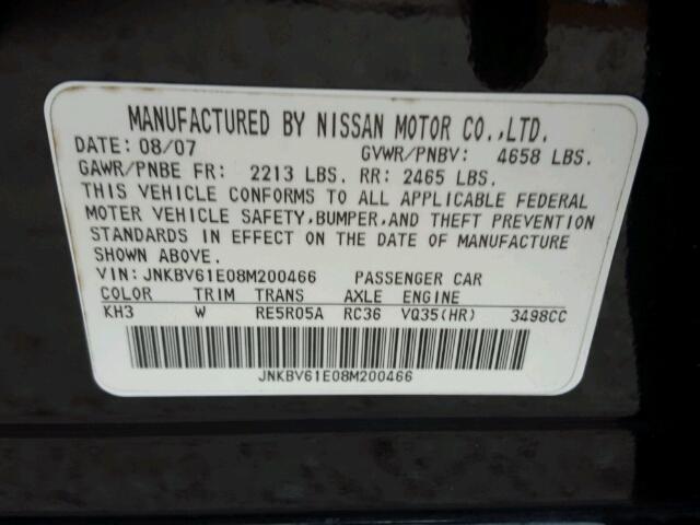 JNKBV61E08M200466 - 2008 INFINITI G35 BLACK photo 10